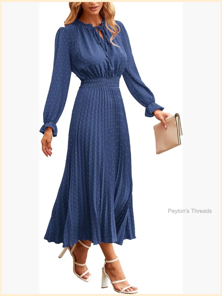 Swiss Dot Long Sleeve V Neck Midi Dress Flowy A Line Pleated